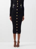 Balmain - Button-embellished Ribbed Pencil Skirt - Womens - Black