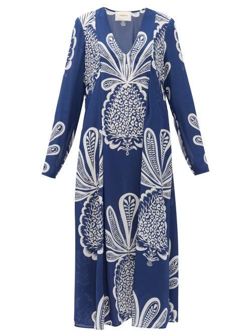 Matchesfashion.com La Doublej - V Trapezio Pineapple-print Georgette Midi Dress - Womens - Blue Print
