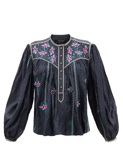 Isabel Marant - Caitlyn Floral-embroidered Silk Blouse - Womens - Black Multi