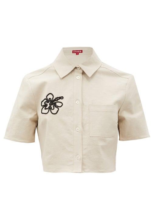 Matchesfashion.com Staud - Copa Floral-embroidered Cropped Linen-blend Shirt - Womens - Beige