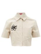 Matchesfashion.com Staud - Copa Floral-embroidered Cropped Linen-blend Shirt - Womens - Beige