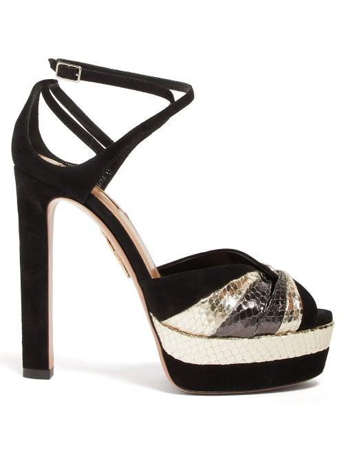 Matchesfashion.com Aquazzura - La Di Da 130 Metallic-leather And Suede Sandals - Womens - Black Silver