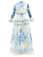 Matchesfashion.com Valentino - Delft-print Silk-organdy Gown - Womens - Blue White