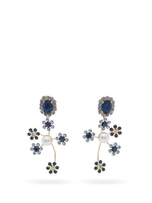 Matchesfashion.com Erdem - Crystal And Pearl Embellished Floral Drop Earrings - Womens - Blue