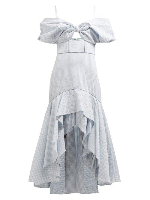 Matchesfashion.com Jonathan Simkhai - Off The Shoulder Gingham Seersucker Dress - Womens - Blue White
