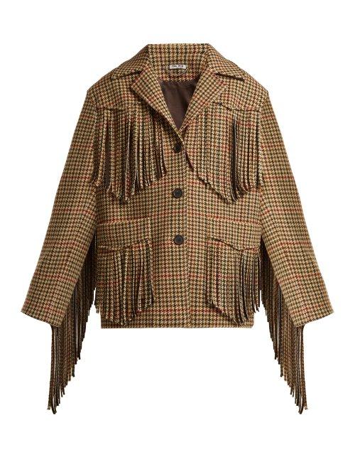 Matchesfashion.com Miu Miu - Fringed Houndstooth Wool Jacket - Womens - Green Multi