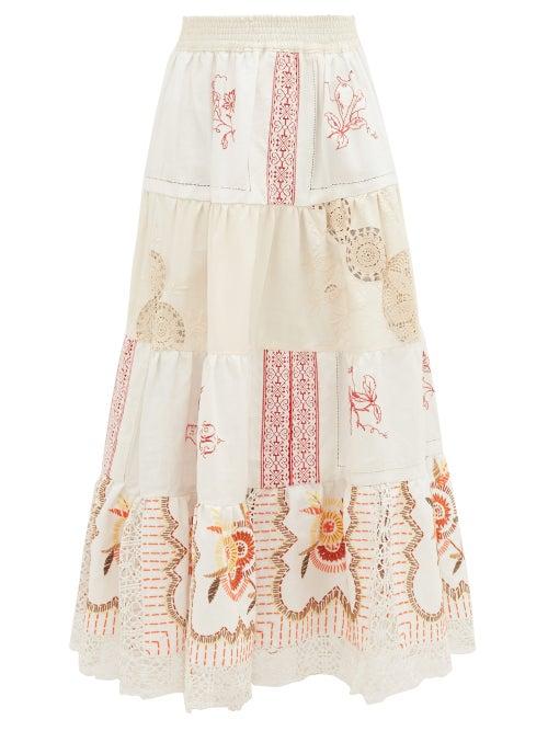 Matchesfashion.com Rianna + Nina - Vintage Kendima Volant Embroidered Cotton Skirt - Womens - White Multi