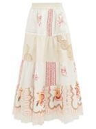 Matchesfashion.com Rianna + Nina - Vintage Kendima Volant Embroidered Cotton Skirt - Womens - White Multi