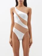 Norma Kamali - Snake One-shoulder Mesh And Lam Swimsuit - Womens - Pearl