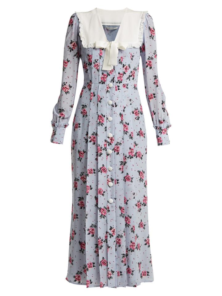 Alessandra Rich Rose-print Frill-trimmed Silk Dress