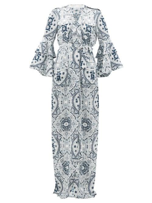 Matchesfashion.com Raquel Diniz - Army Mosaic-print Silk-satin Dress - Womens - Blue White