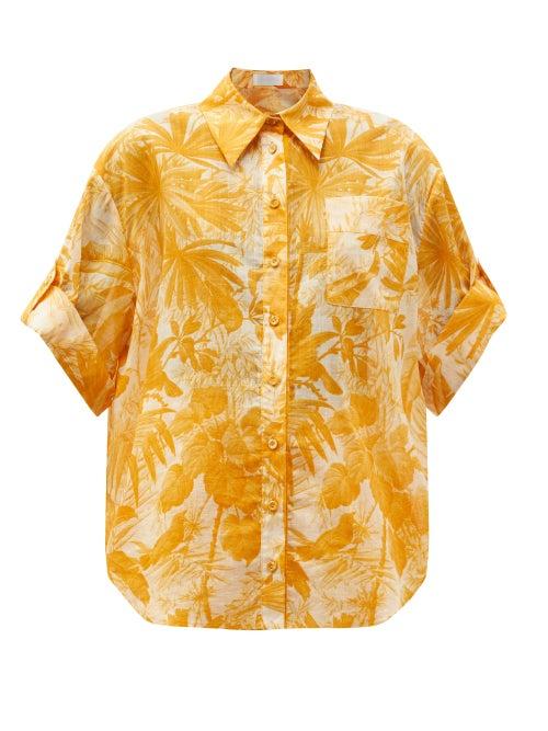 Matchesfashion.com Zimmermann - Mae Palm-print Voile Short-sleeved Shirt - Womens - Yellow