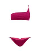 Matchesfashion.com Osree - Lumire One-shoulder Metallic Bikini - Womens - Dark Pink