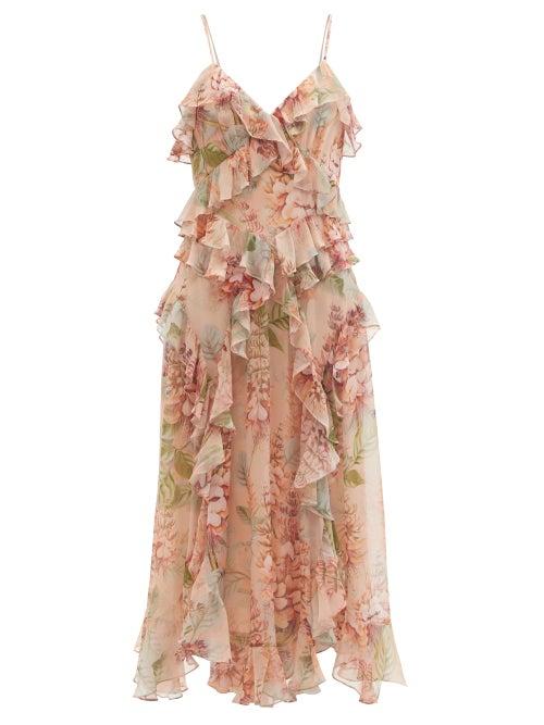Matchesfashion.com Zimmermann - Candescent Coral Tree-print Silk-chiffon Dress - Womens - Pink Print