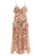 Matchesfashion.com Zimmermann - Candescent Coral Tree-print Silk-chiffon Dress - Womens - Pink Print
