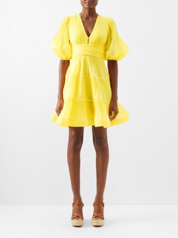 Zimmermann - Pleated Puff-sleeve Mini Dress - Womens - Yellow
