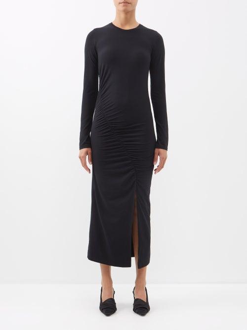 Another Tomorrow - Ruched Long-sleeved Jersey Dress - Womens - Black
