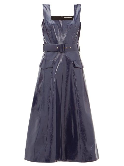 Matchesfashion.com Emilia Wickstead - Petra Belted Leather-effect Midi Dress - Womens - Navy