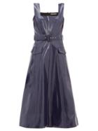 Matchesfashion.com Emilia Wickstead - Petra Belted Leather-effect Midi Dress - Womens - Navy