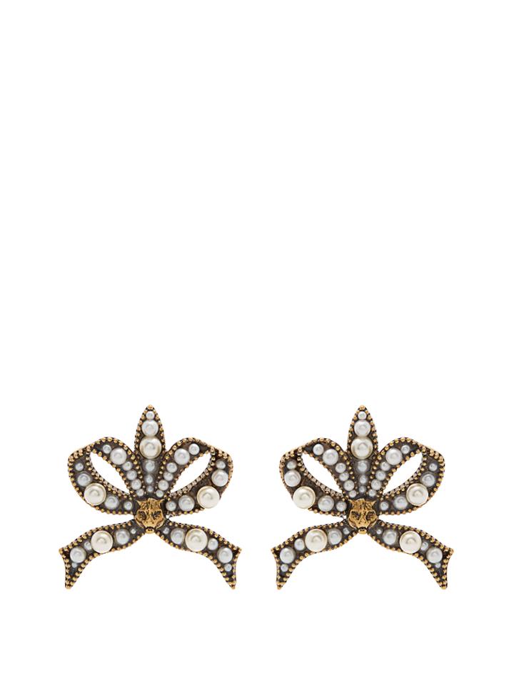 Gucci Faux-pearl And Feline-embellished Bow Earrings