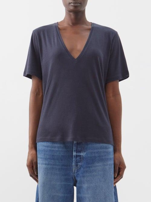 Raey - V-neck Relaxed Fit Cotton-blend T-shirt - Womens - Navy