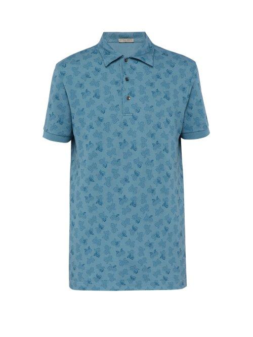 Matchesfashion.com Bottega Veneta - Butterfly Print Cotton Piqu Polo T Shirt - Mens - Blue