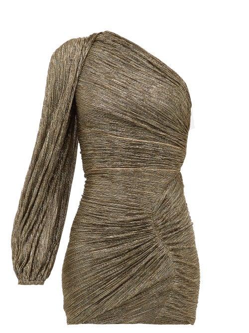 Matchesfashion.com Peter Pilotto - Metallic One Sleeve Ruched Pliss Mini Dress - Womens - Gold