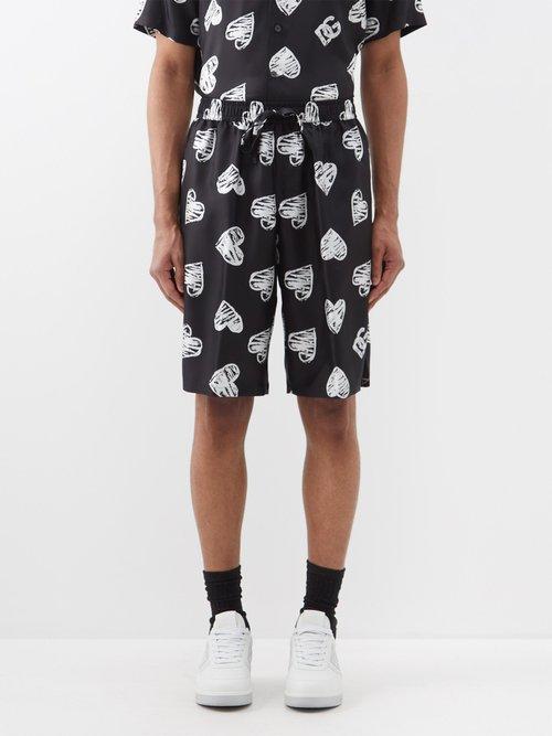 Dolce & Gabbana - Heart Logo-print Silk-satin Shorts - Mens - Black White