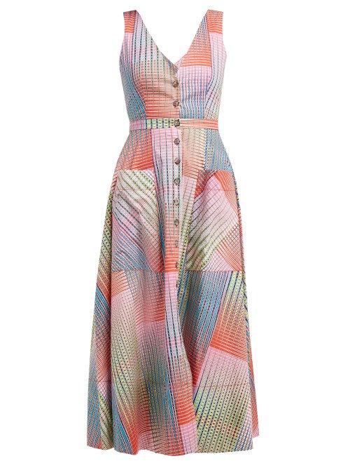 Matchesfashion.com Saloni - Zoey Geometric Print Panelled Cotton Midi Dress - Womens - Multi