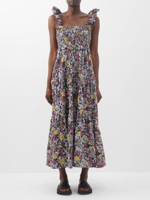Sea - Gitte Floral Print Smocked-cotton Dress - Womens - Multi