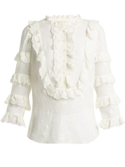Matchesfashion.com Rebecca Taylor - Dree Broderie Anglaise Cotton And Silk Blend Top - Womens - White