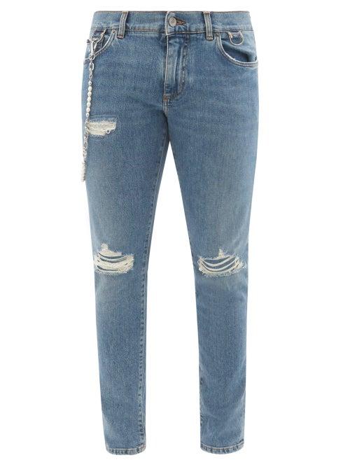 Dolce & Gabbana - Chain-embellished Distressed Slim-leg Jeans - Mens - Blue