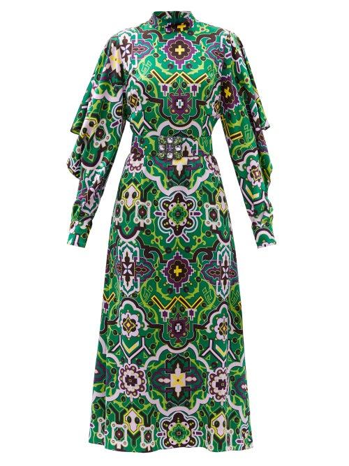 Matchesfashion.com Andrew Gn - Byzantine-print Silk Midi Dress - Womens - Green Multi