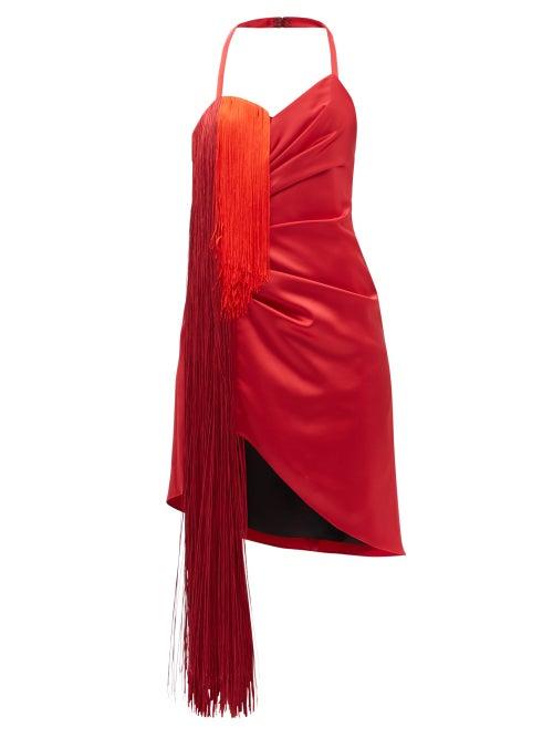 Halpern - Fringed Halterneck Satin Mini Dress - Womens - Red