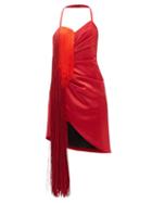 Halpern - Fringed Halterneck Satin Mini Dress - Womens - Red