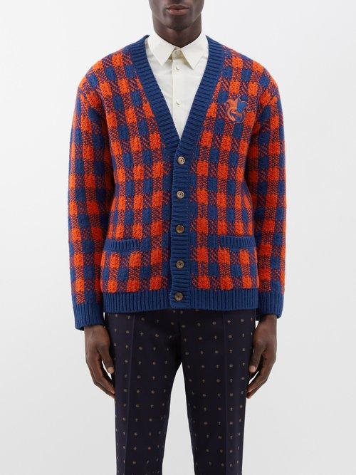 Gucci - Logo-patch Check-wool Cardigan - Mens - Navy Orange