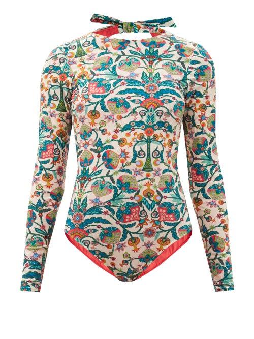 Matchesfashion.com La Doublej - Surf Tree Of Life-print Swim Suit - Womens - Blue Multi