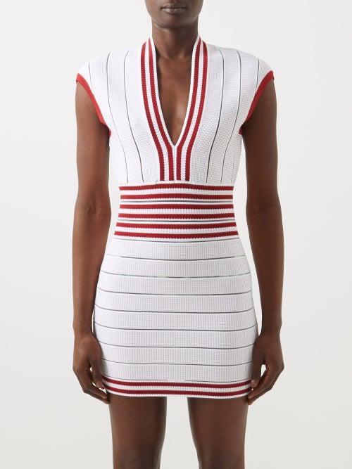 Balmain - Plunge Striped Knit Mini Dress - Womens - Red Stripe