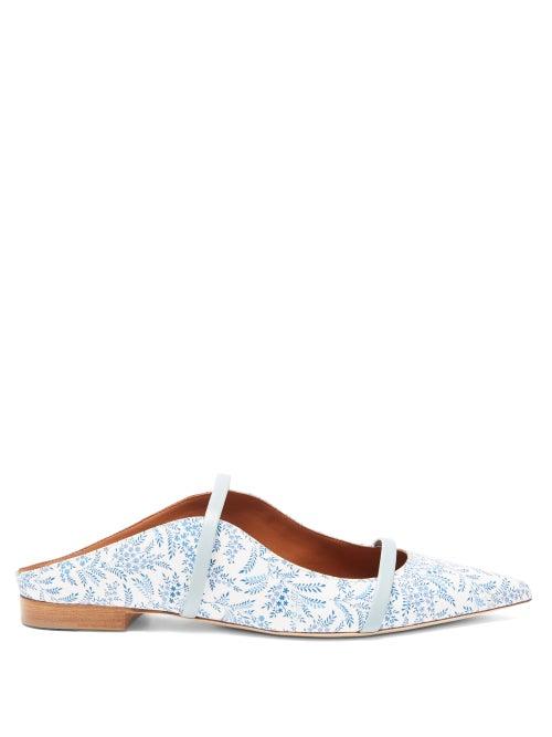 Matchesfashion.com Malone Souliers - Maureen Floral-print Backless Flats - Womens - Light Blue