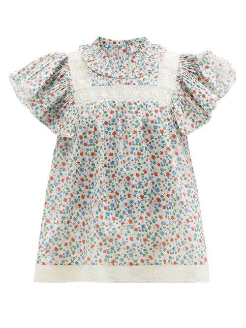 Ladies Rtw Sea - Bubbie Ruffled-sleeve Floral-print Cotton Blouse - Womens - Pink Multi