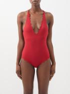Marysia - North Scalloped-edge Cross-back Swimsuit - Womens - Dark Red