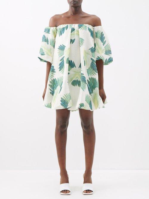 Raquel Diniz - Jennyfer Off-shoulder Linen-blend Mini Dress - Womens - Green White