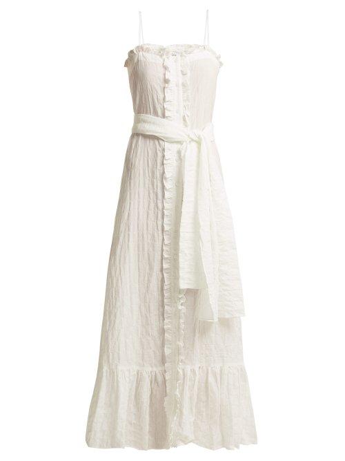 Matchesfashion.com Lisa Marie Fernandez - Ruffle Trimmed Seersucker Dress - Womens - White Stripe