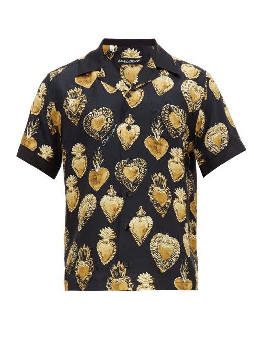 Matchesfashion.com Dolce & Gabbana - Heart Print Silk Satin Twill Shirt - Mens - Black Multi