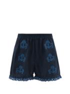 Ladies Rtw Vita Kin - Shalimar Floral-appliqu Linen Shorts - Womens - Blue