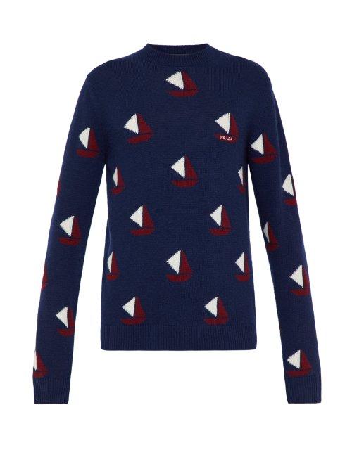 Matchesfashion.com Prada - Sailboat Intarsia Wool Blend Sweater - Mens - Blue