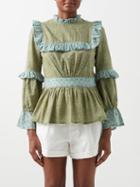 D'ascoli - Pema Ditsy-print Cotton-khadi Peplum Top - Womens - Green Print