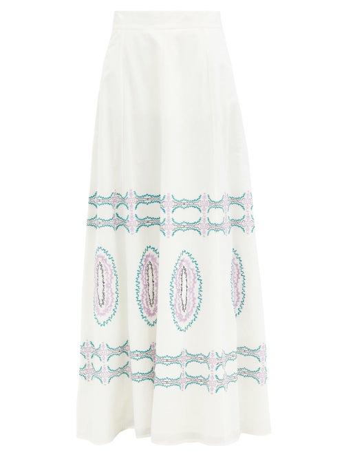 Matchesfashion.com Le Sirenuse, Positano - Camille Bubble Gum-embroidered Cotton Maxi Skirt - Womens - White Multi