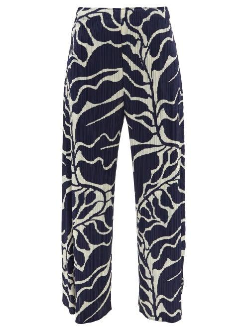 Pleats Please Issey Miyake - Leaf-print Technical-pleated Wide-leg Trousers - Womens - Blue Print