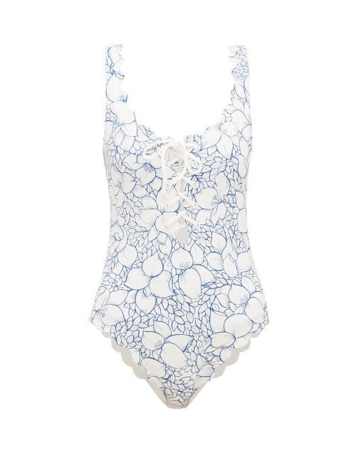 Matchesfashion.com Marysia - Palm Springs Reversible Scallop-edged Swimsuit - Womens - Blue Print